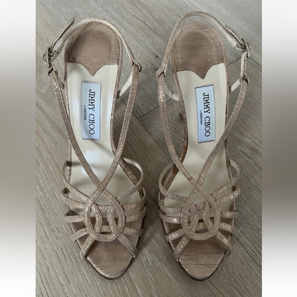 Jimmy Choo Gold Strap Sandals Size 38,5 (US 8,5) Made In Italy 4,5” heel height - Picture 1 of 6